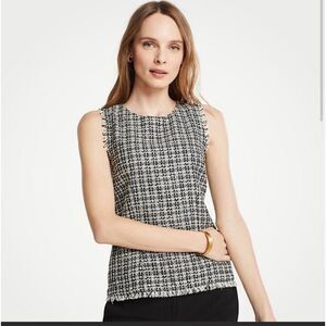 Ann Taylor Fringe Tweed Shell Sleeveless Black/White Top Sz 0
